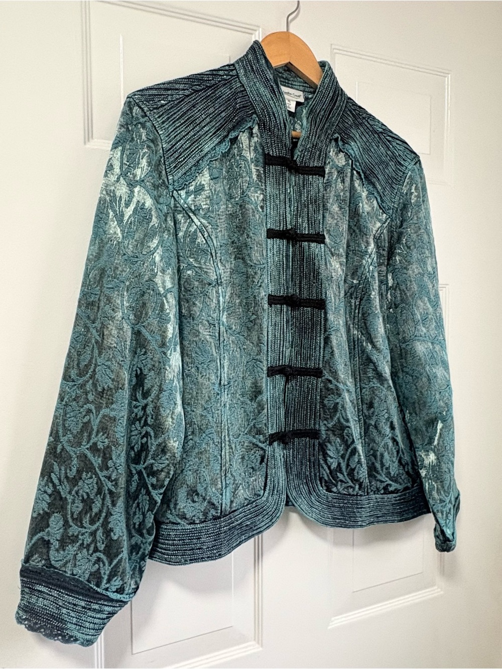 Vintage-Inspired Teal Brocade Jacket with Mandarin Collar Size XL - Picture 3 of 16